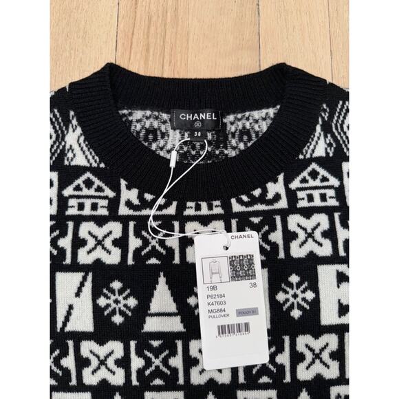 Chanel 19B Coco Neige Ski Black White CC Long Sleeve Cashmere Jumper Sweater 38 - Picture 7 of 16